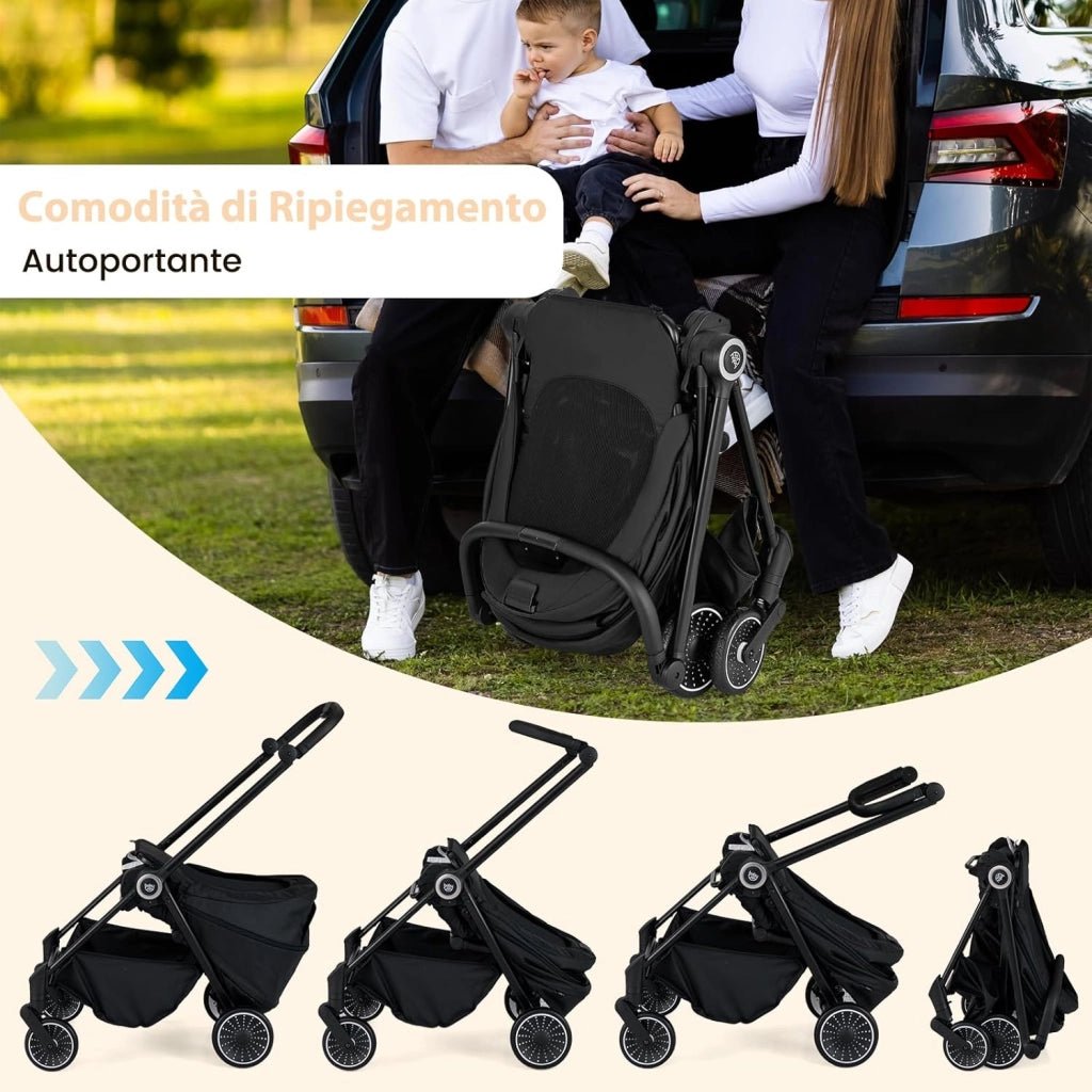 Passeggino per Bambini Reversibile, Passeggino Pieghevole per Neonati con Schienale Reclinabile, Cappotta Regolabile, Cestello Portaoggetti, per Neonati 0-36 Mesi, Portata 15 kg (Nero)