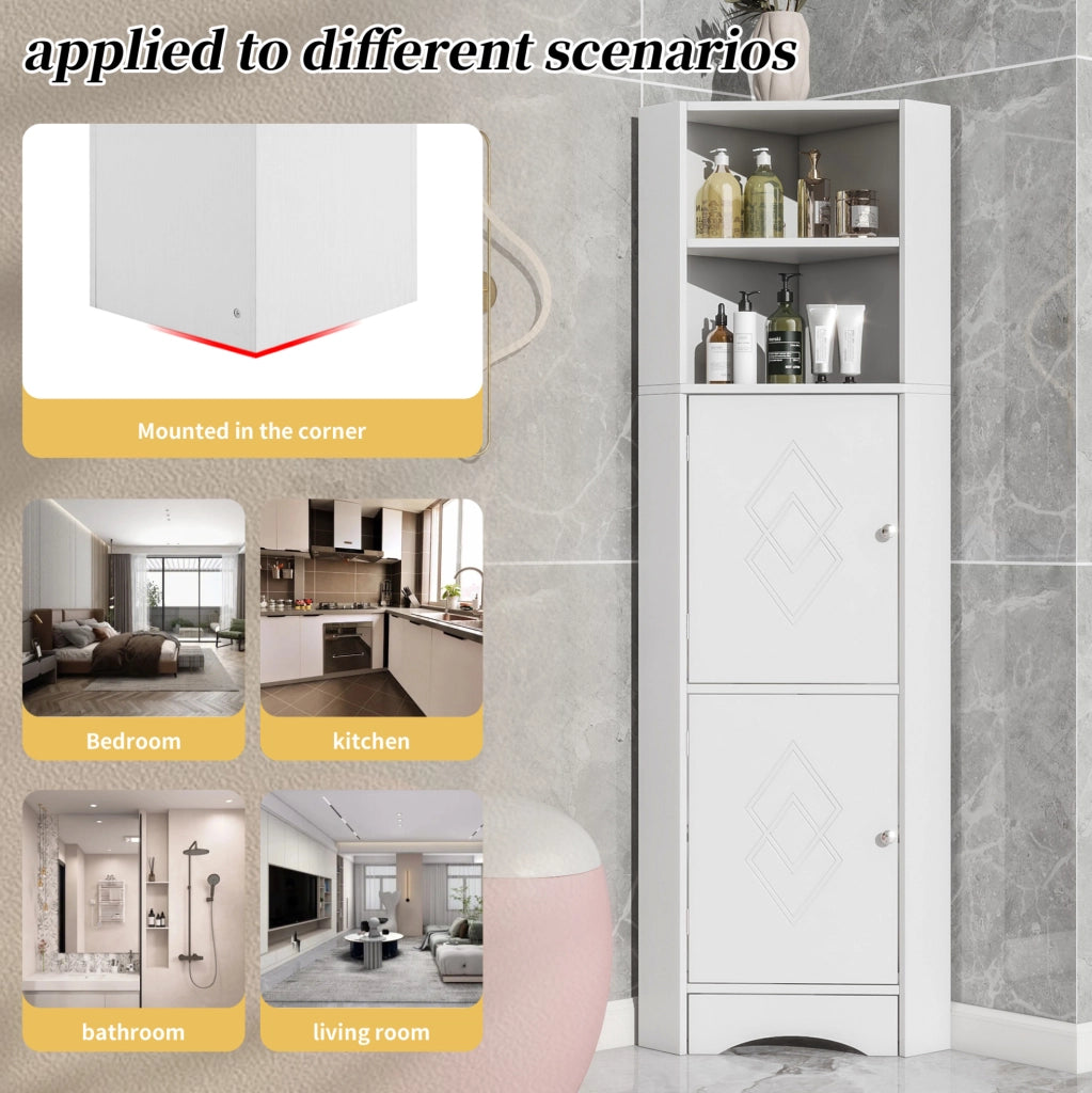 Mobile angolare bagno con ripiani e anta in truciolare bianco 36,5x36,5x155 cm