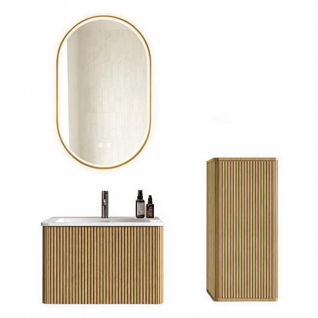 Mobile bagno sospeso con lavabo; colonna e specchio con LED e funzione antiappannamento per bagno; in MDF rovere