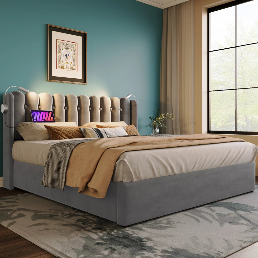 Letto imbottito 140x200 cm con LED da lettura, USB e contenitore