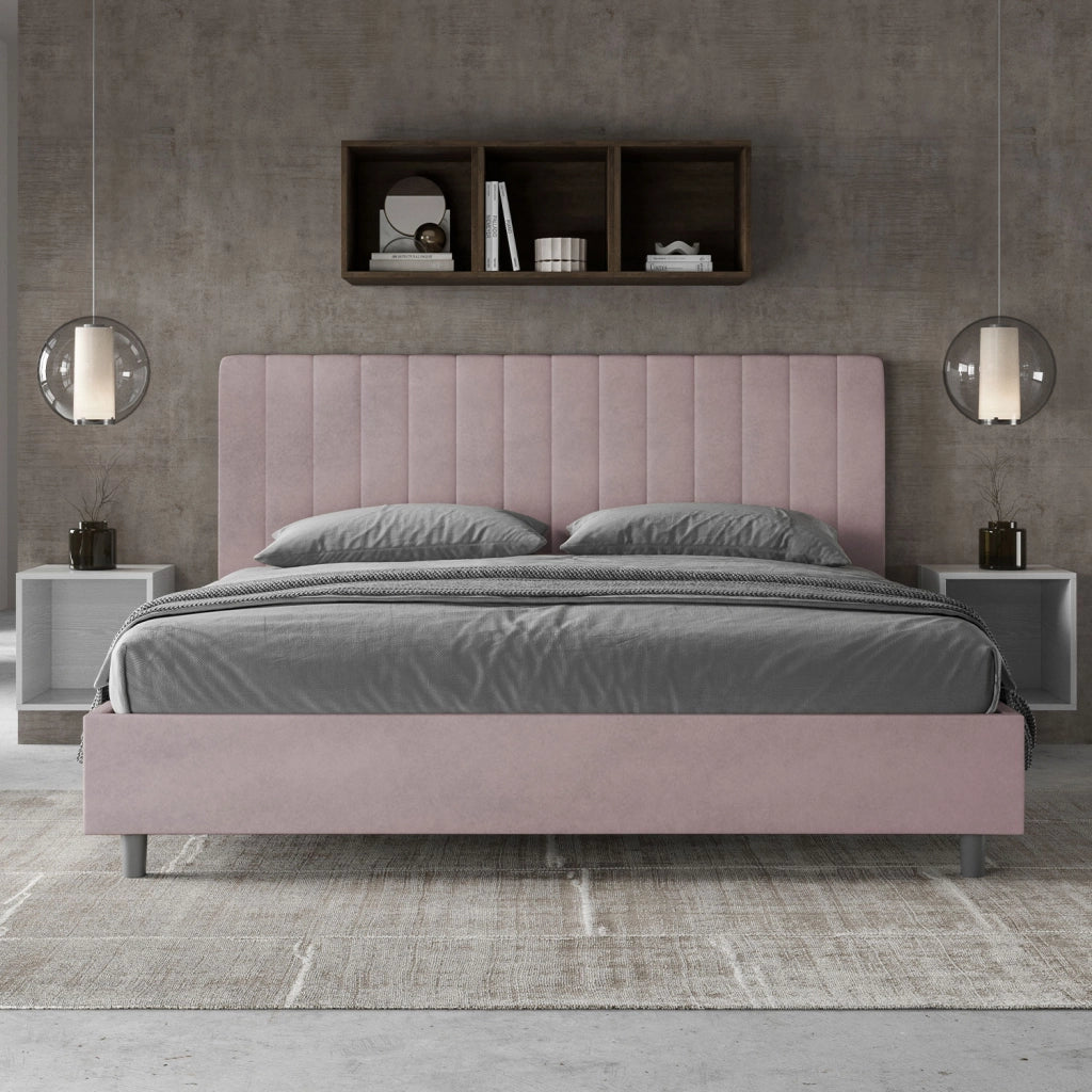 BS COM Letto matrimoniale king size con rete imbottito 180x210 microfibra glicine