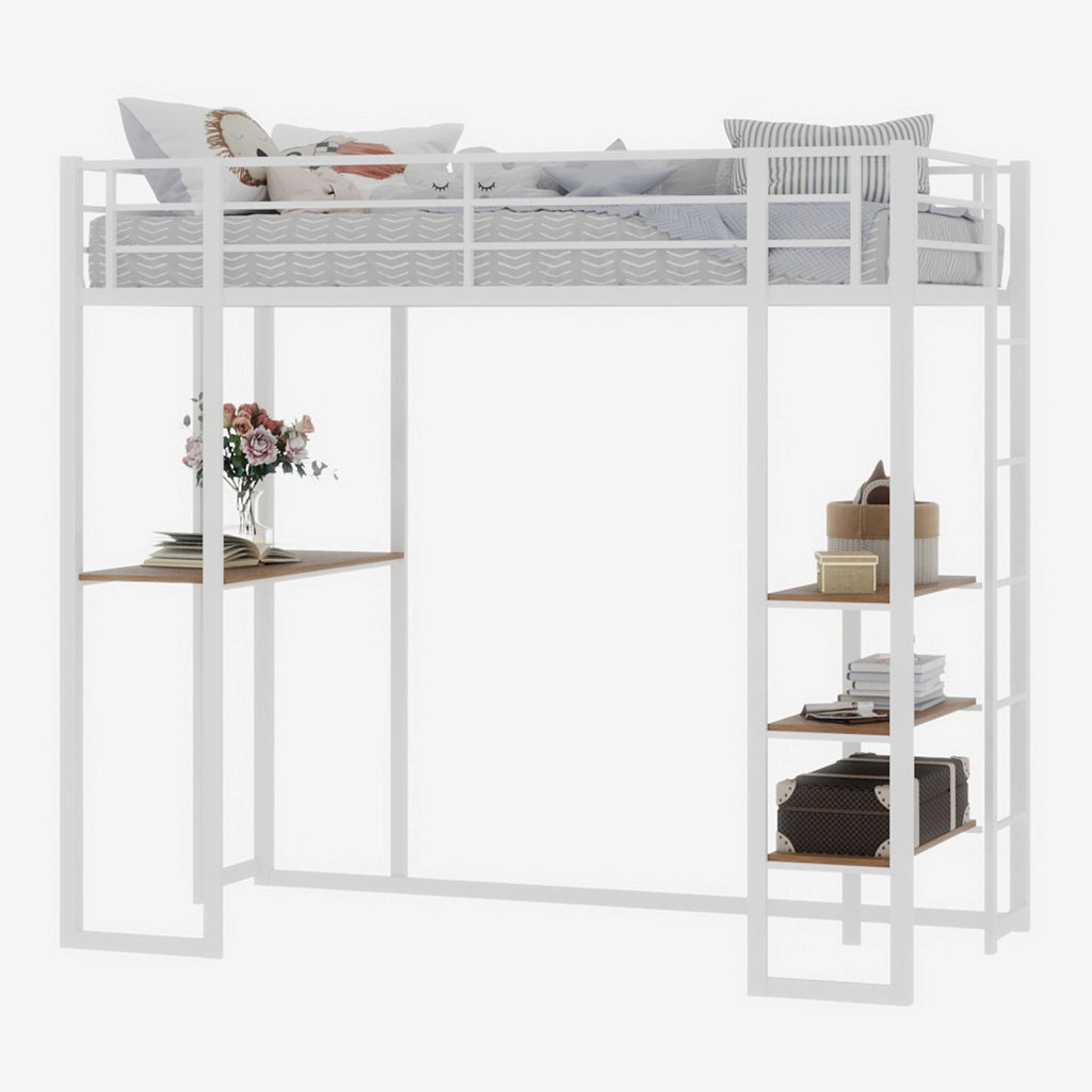 Letto a soppalco 90 × 190 cm con scrivania, scale doppie e spazio sottostante, senza materasso, bianco