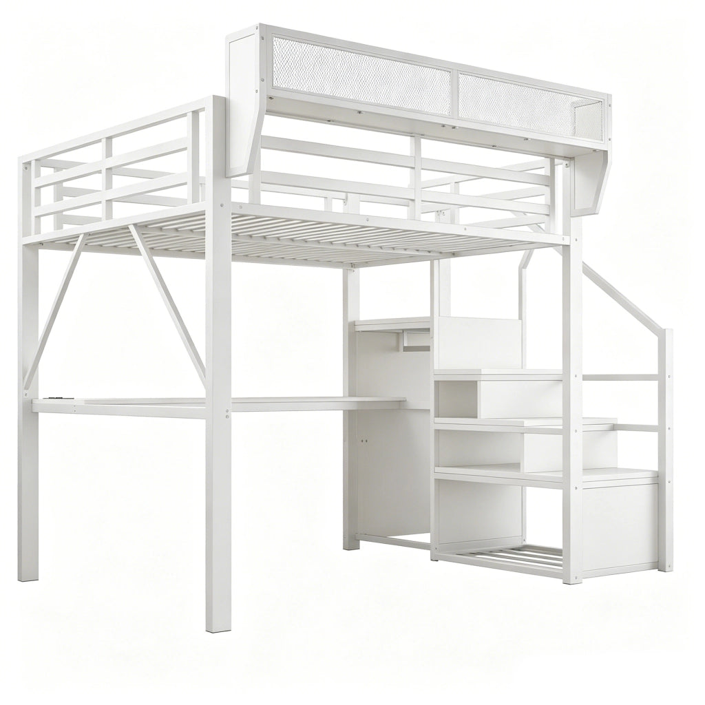 Letto a soppalco in metallo 140x200 cm con scrivania lunga, LED, scala di sicurezza e ripiani flessibili, bianco