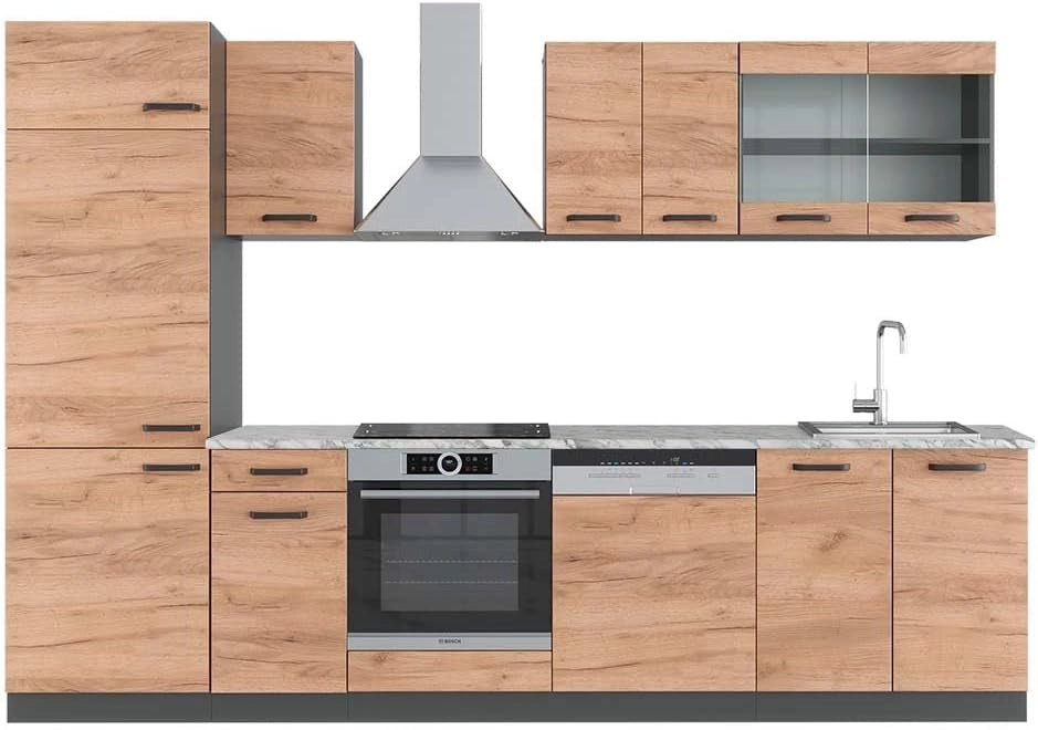 Cucina componibile R-Line, Quercia dorata/antracite, 300 cm, PL Marmo, adatto per l'espansione personalizzata tramite moduli aggiuntivi