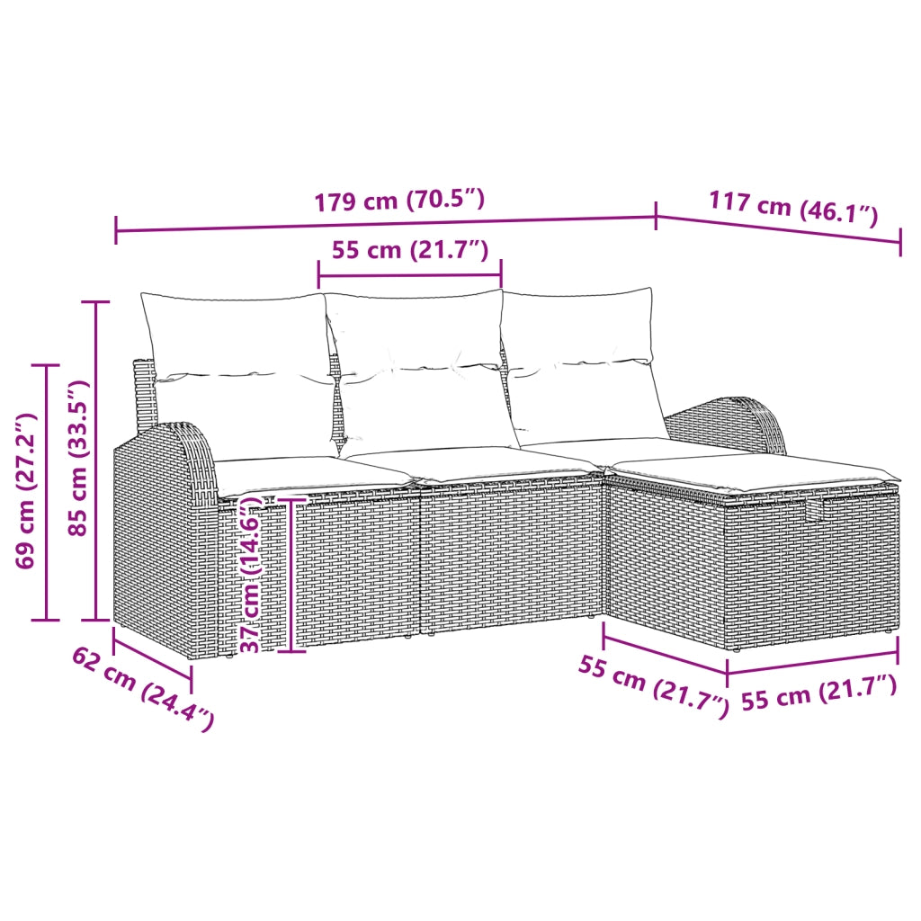 Set di divani da giardino a 4 pezzi con cuscini neri in polyrattan