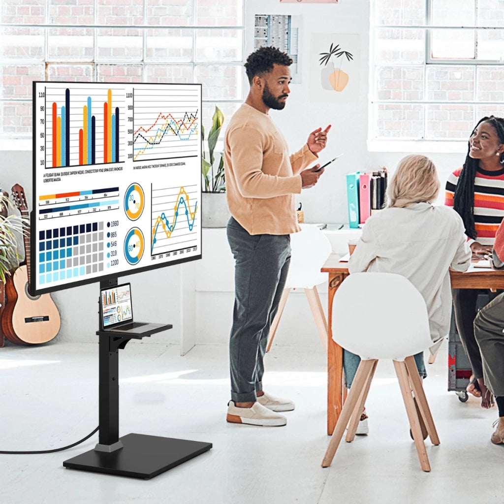 Supporto TV da pavimento con presa di corrente in altezza e inclinazione, Supporto TV universale per TV con ripiano av regolabile Nero-Mobili porta TV