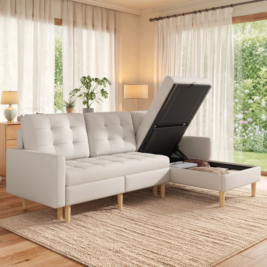 Divano angolare a L beige con chaise longue reversibile e vani contenitore 212x130x86 cm