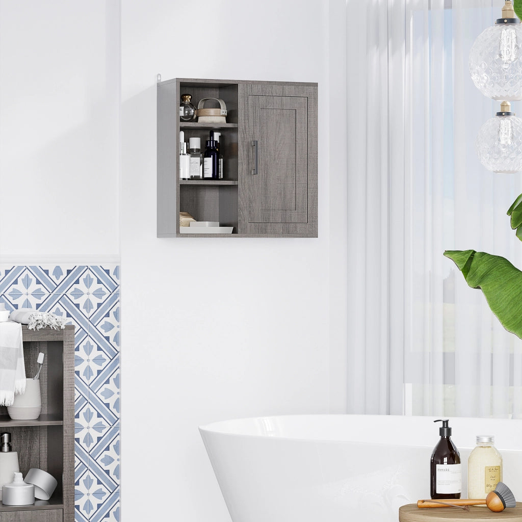 Mobile Bagno Sospeso con 3 Ripiani e Anta ¨C Zephmum ¨C Grigio 48x20x50 cm
