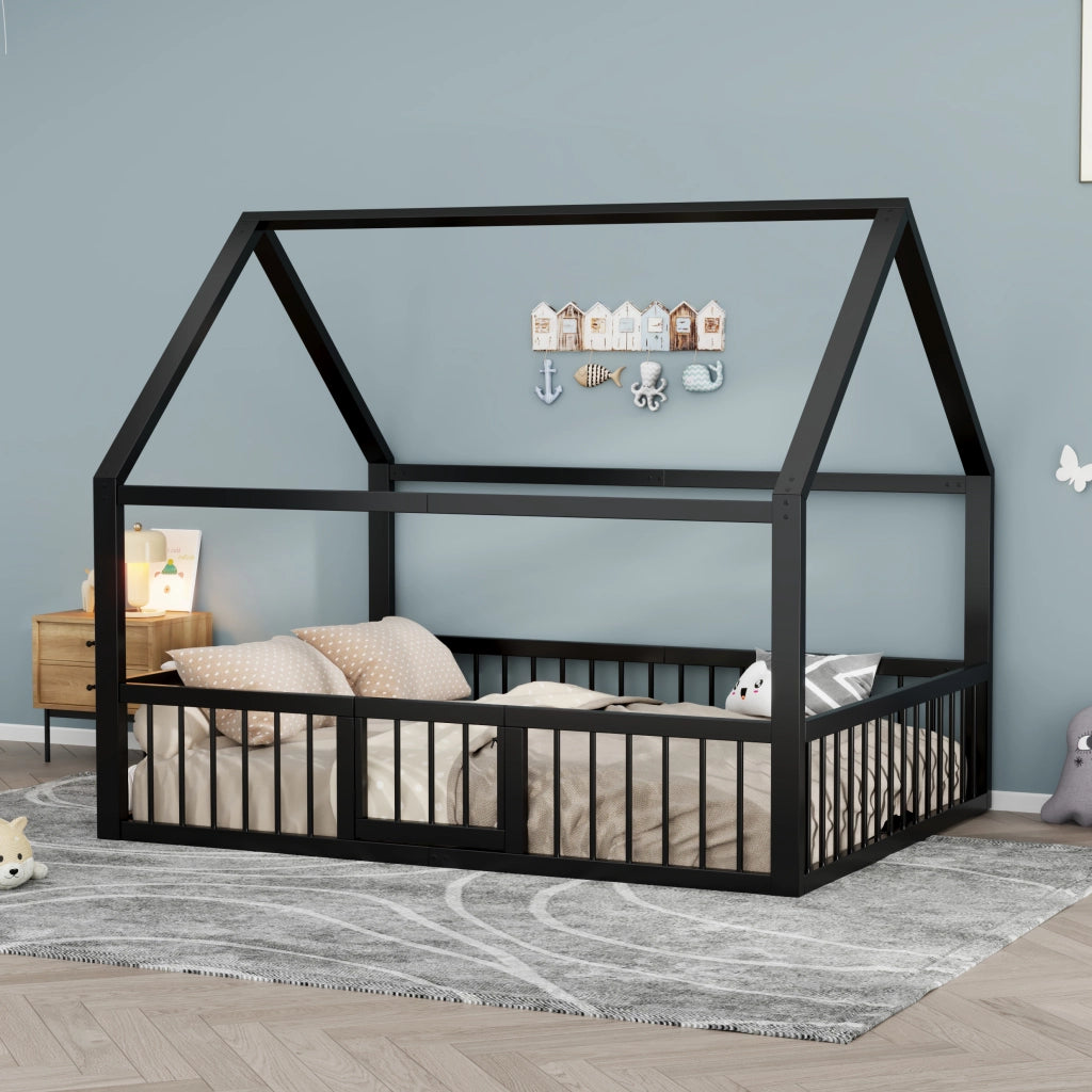 DESMIU Letto per bambini 2 posti con sponde e tetto, 140 × 200 cm, senza materasso, in metallo, nero