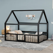 DESMIU Letto per bambini 2 posti con sponde e tetto, 140 × 200 cm, senza materasso, in metallo, nero