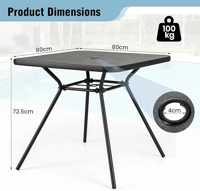 Tavolo da Pranzo per Esterno, Tavolo Quadrato da 80 cm con Foro per Ombrello da 4 cm e Coperchio, Tavolino Bistro in Metallo Robusto per Giardino, Portata 100 kg