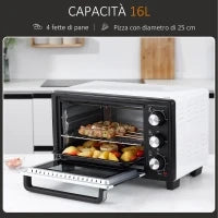 Fornetto Elettrico 16L Temperatura Regolabile e Timer, 3 Metodi di Cottura e Accessori, 1400W, Bianco
