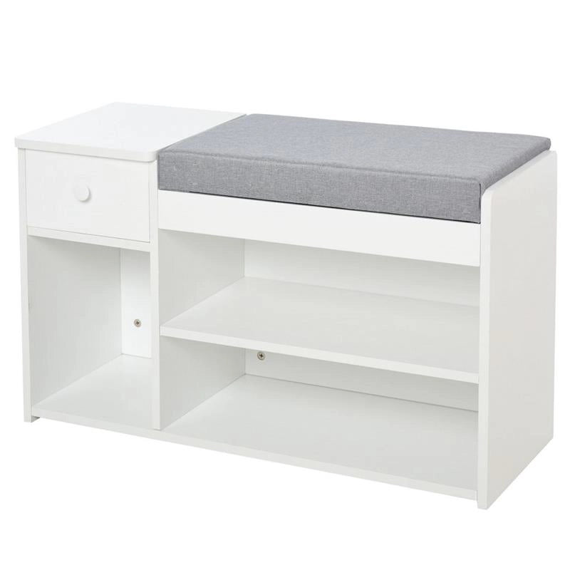 PANCA SCARPIERA CON CUSCINO CASSETTO E 3 VANI APERTI IN LEGNO 81X31.5X49CM