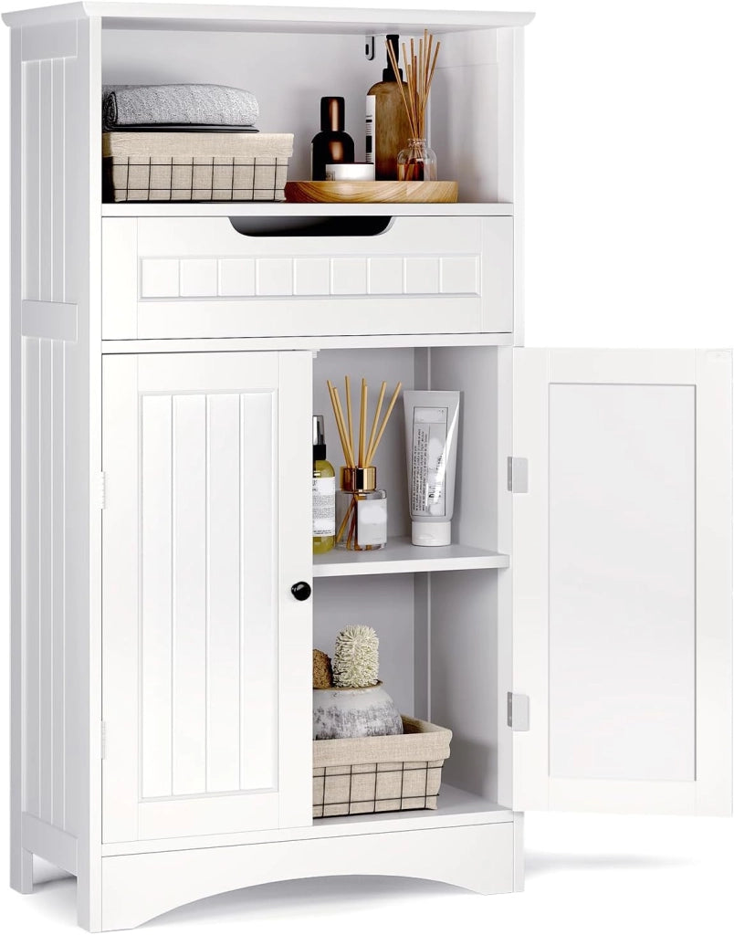 Mobiletto da bagno, mobiletto portaoggetti da bagno con 1 ripiano aperto, 1 cassetto e 1 ripiano da pavimento regolabile, per bagno, soggiorno, sala da pranzo, 60x30x108CM,Bianco