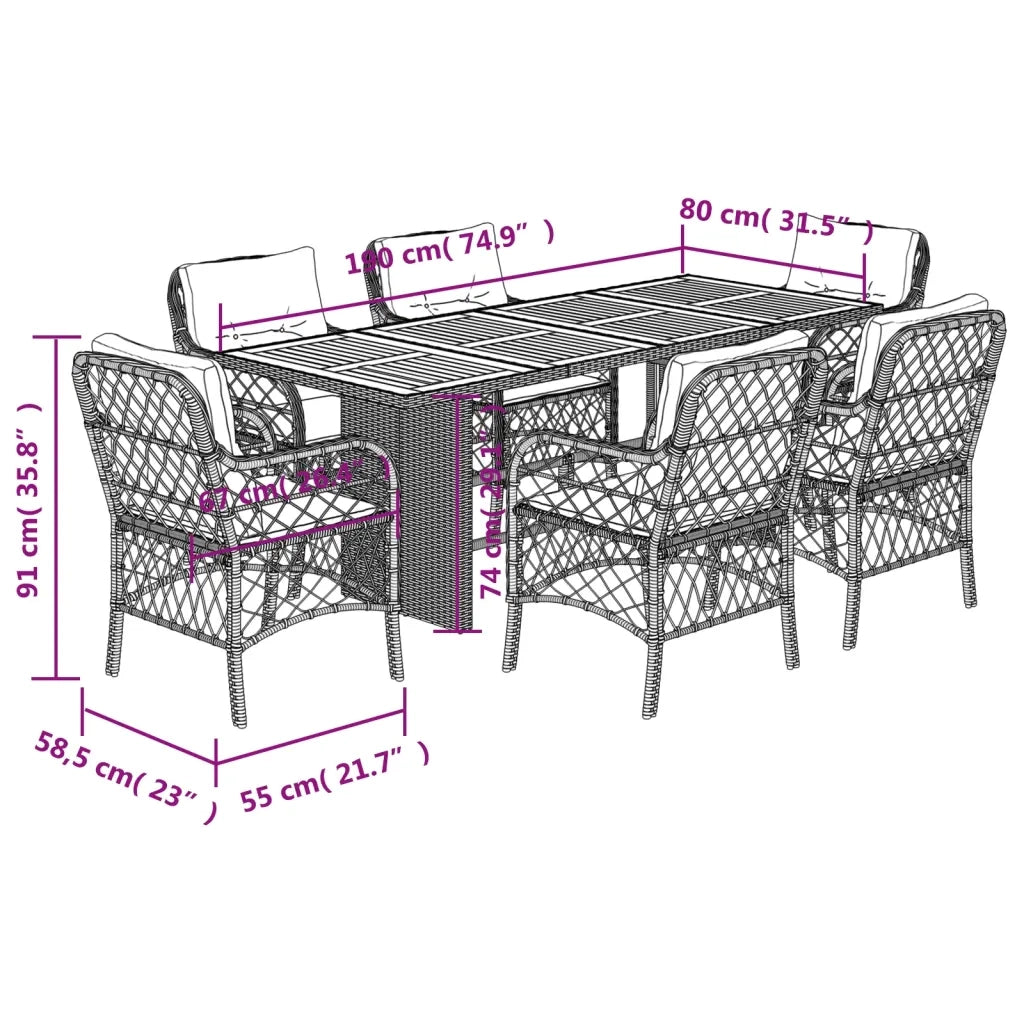 Set da Pranzo da Giardino 7 pz con Cuscini Beige in Polyrattan 3212076