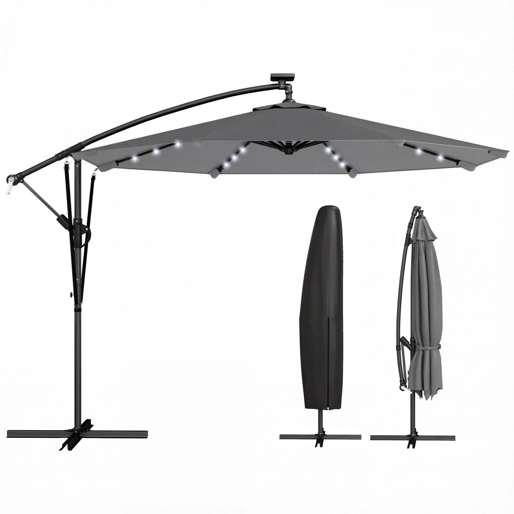 Ombrellone Parasole Grigio con Luci LED Solari 330x295 cm Base Crociata ¨C zephmum ¨C Grigio Scuro