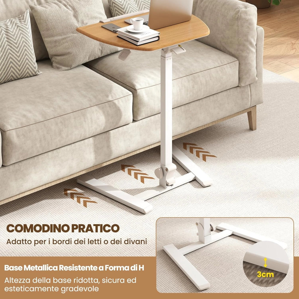 Tavolino da Letto e Divano, Tavolino Pieghevole e Regolabile in Altezza con Ruote e Piano Inclinabile a 90°, Mobile Multifunzionale e Portatile per Lavorare e Mangiare da Casa e Ufficio