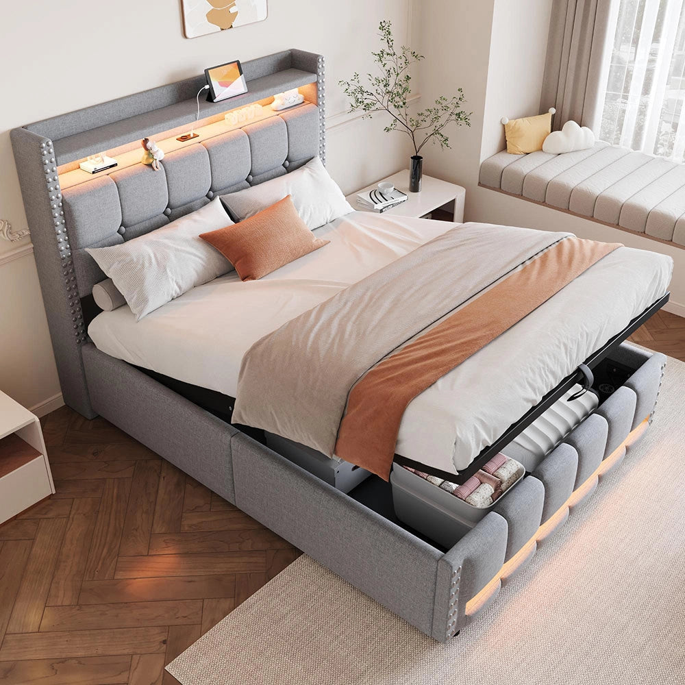 Letto matrimoniale-Xylo-140x200 cm-LED, USB, scaffale, idraulico, lino grigio