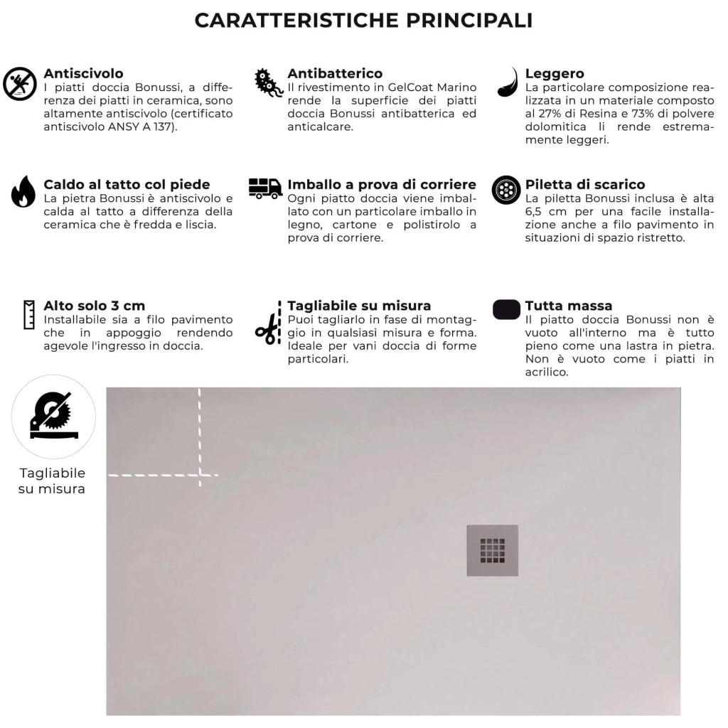 Piatto Doccia 90x200 cm in Pietra Bonussi Everest Bianco