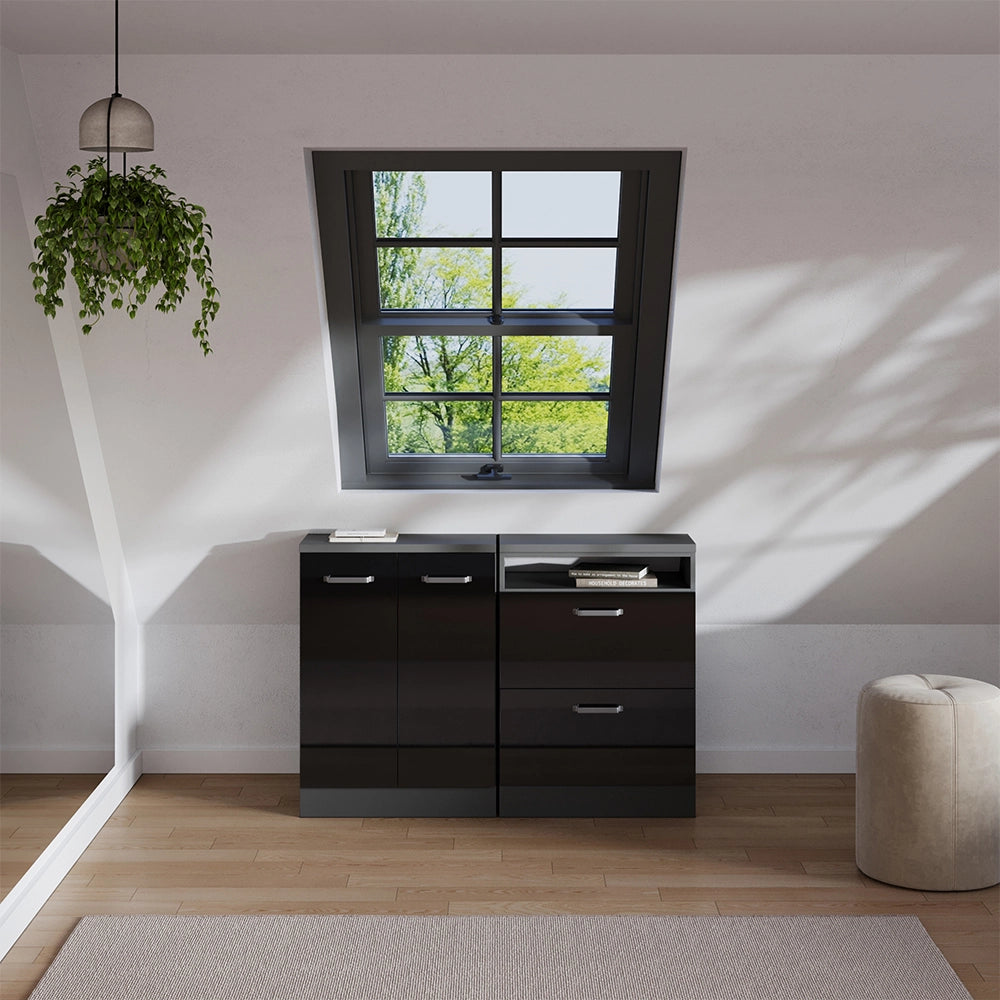 Set di mobili sottotetto Rion Nero lucido/Antracite 120 cm Set di 2 carcasse armadio profondità 60 cm Vicco