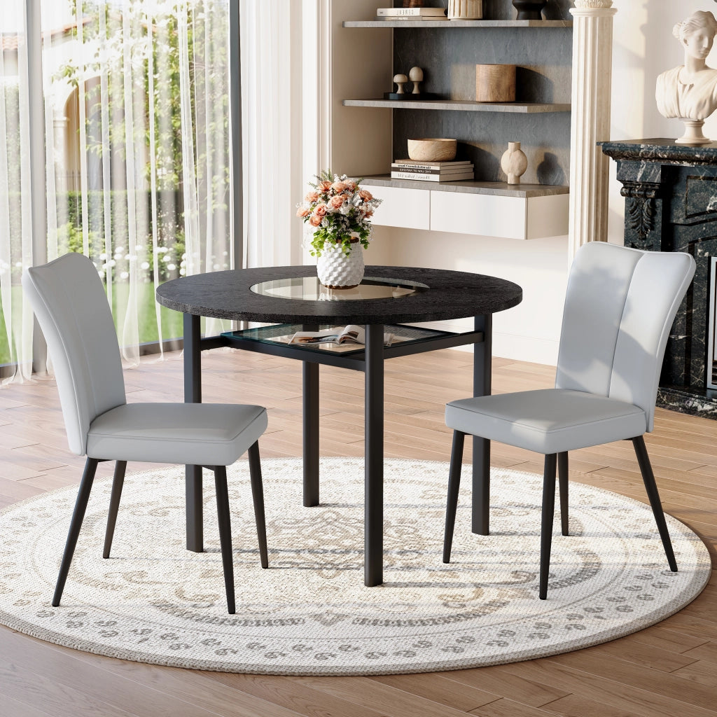 Tavolo da pranzo rotondo con inserto in vetro, ripiano in vetro e 2 sedie, per 2-4 persone, nero, diametro 100 cm