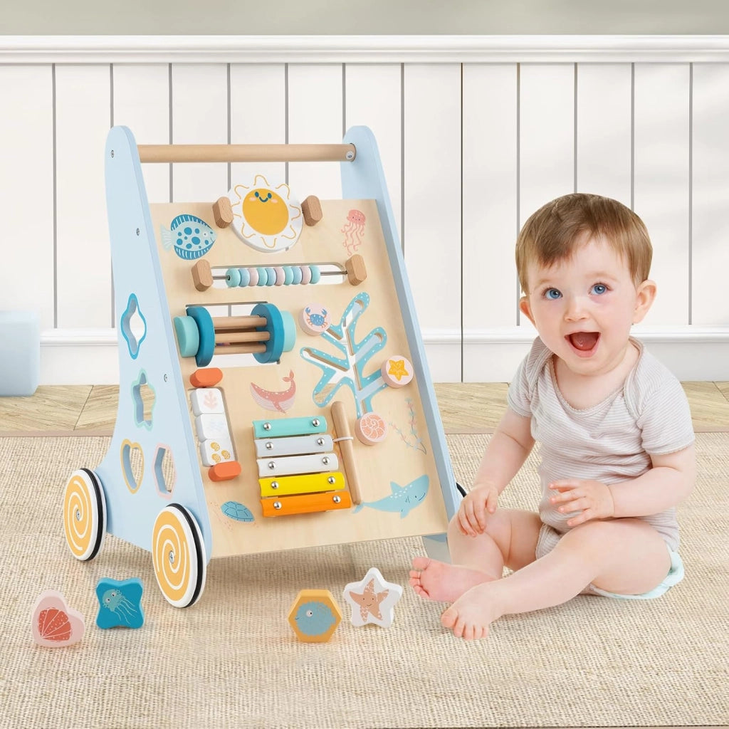 8 in 1 Carrellino Primi Passi, Girello in Legno per Bambini, Giocattolo Montessori con Ruote, Giocattolo da Spinta per Bambini 1+ Anni