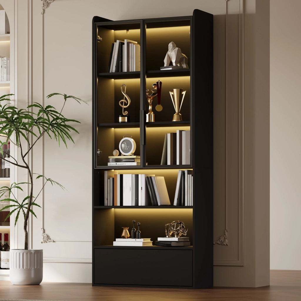 Vetrina alta con LED, 1 cassetto e 6 vani, ante in vetro, in MDF, per soggiorno, nero, 80 × 34 × 180 cm