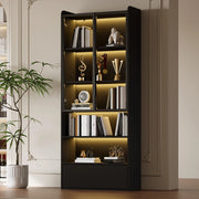 Vetrina alta con LED, 1 cassetto e 6 vani, ante in vetro, in MDF, per soggiorno, nero, 80 × 34 × 180 cm