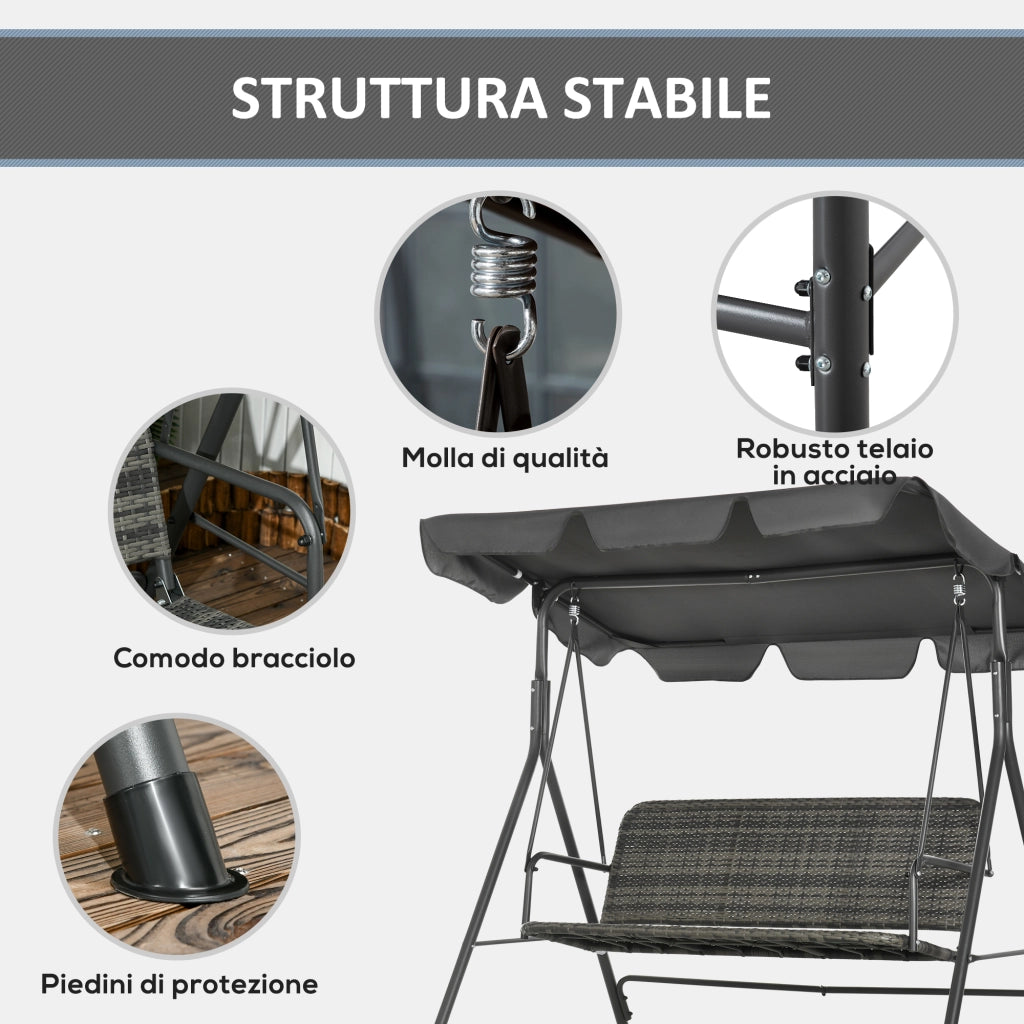 Dondolo da Giardino 3 Posti con Tettuccio Regolabile in Rattan PE, 167x112x153cm, Grigio Scuro