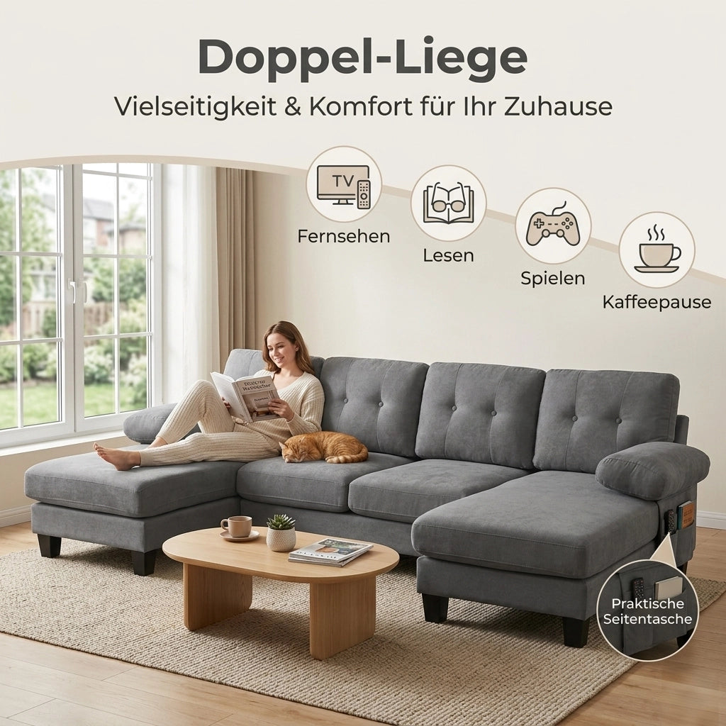 Divano con chaise-longue su entrambi i lati in chenille, tasche laterali, braccioli rimovibili con zip, grigio 268 × 128 × 84 cm