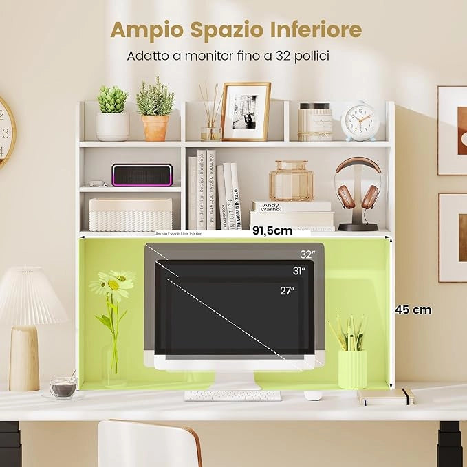 Libreria da Scrivania, Scaffale da Scrivania con 6 Ripiani in Legno, Scomparto Aperto per Monitor 32", Espositore per Dormitori Uffici Studio, 94 x 24 x 85 cm (Bianco)