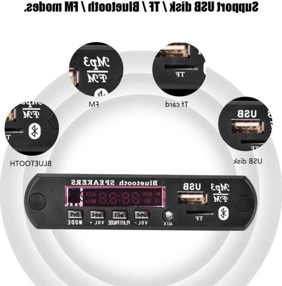 Decoder per MP3 WMA audio con modulo Bluetooth - modulo per audio con ingresso USB e lettore di schede TF - modulo per chiamate in mano libera e radio FM.