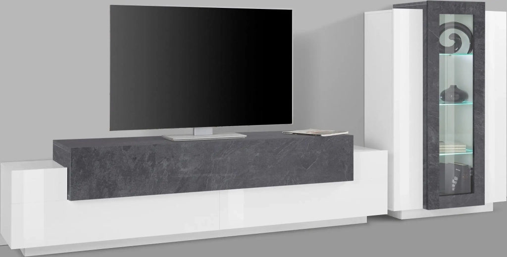 Parete attrezzata soggiorno moderna bianco ardesia mobile porta TV vetrina Corona