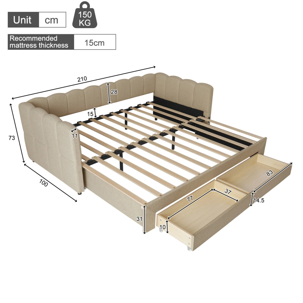 Daybed estraibile 90x190 cm trasformabile in 180x190 cm; con cassetti; USB e Type-C; beige