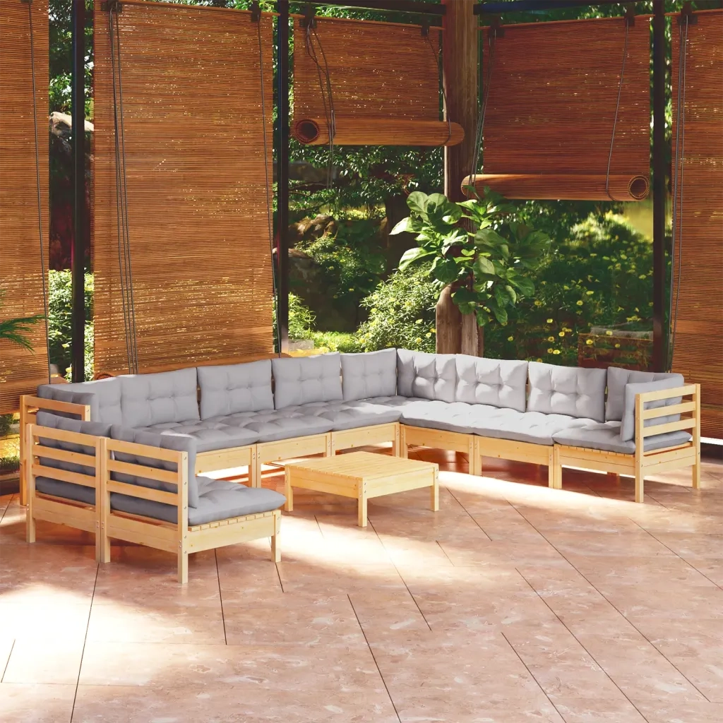 Set Divani da Giardino 11 pz con Cuscini Grigi Massello di Pino cod mxl 42530