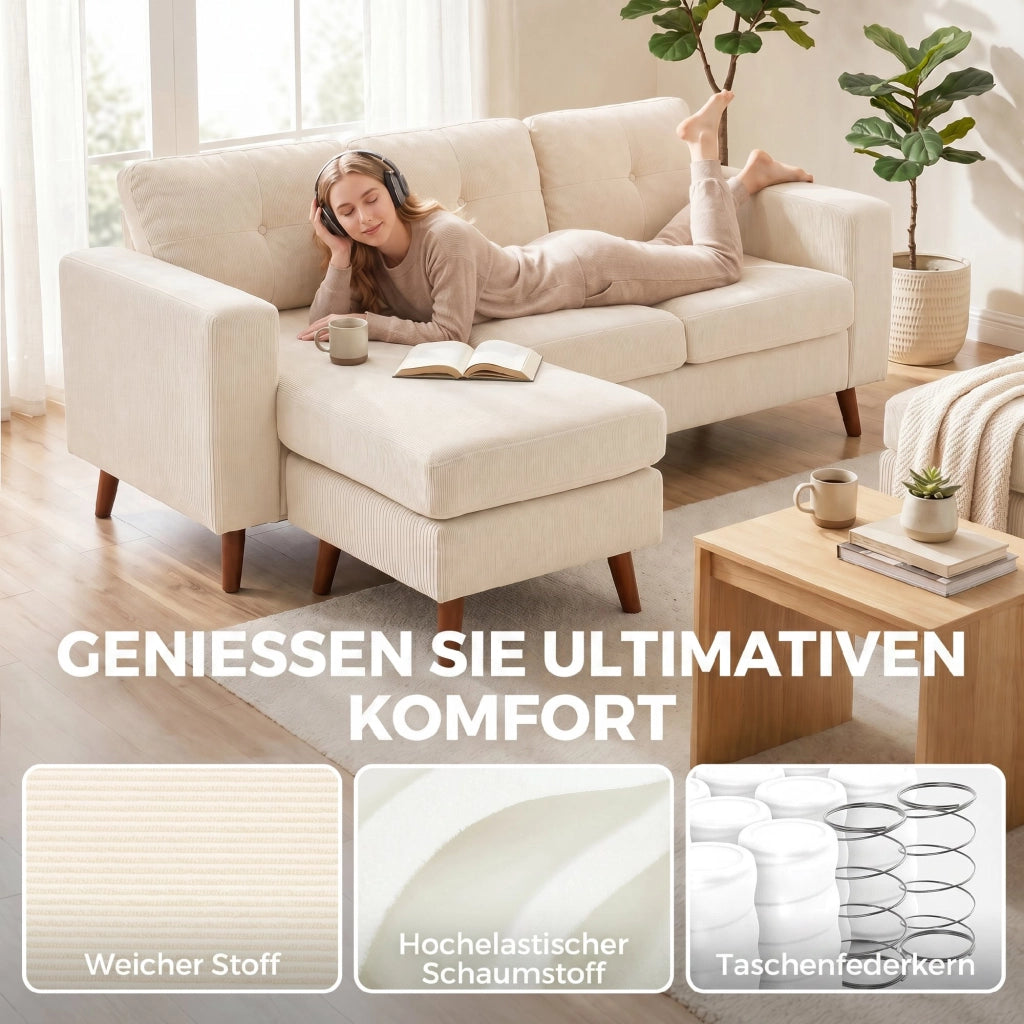 Divano Angolare 3 Posti con Chaise Longue Reversibile ¨C Zephmum ¨C Tessuto Crema 192 cm
