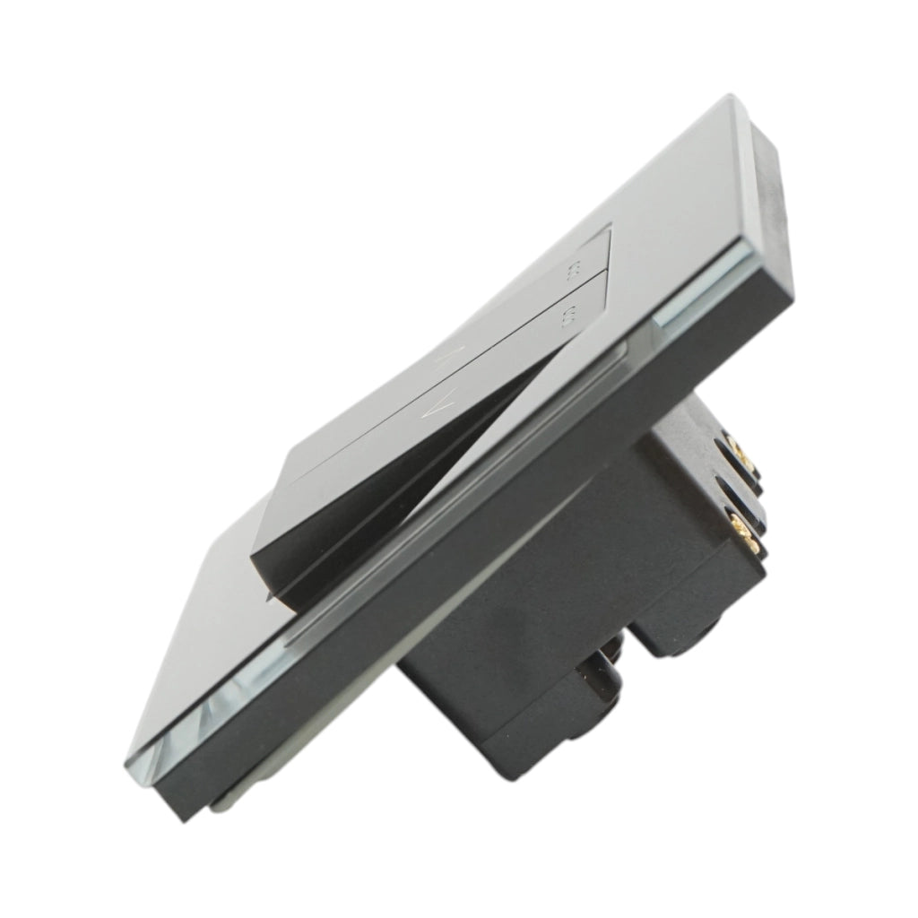 Interruttore doppio per tapparelle da incasso nero 220V, 16AX, spia luminosa, cornice in vetro 86x86x34mm