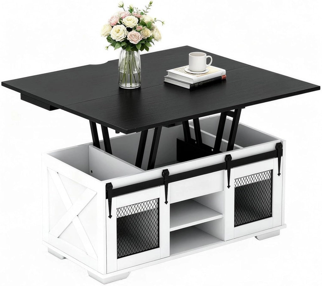 Tavolino da Caffè Sollevabile, Tavolini Salotto Moderno con 3 Vani Nascosti, 2 Ante Scorrevoli, Piano Sollevabile, Carico 75 KG, Tavolo per Salotto, Ufficio, 105 X 108 X 66,5 CM (Nero)