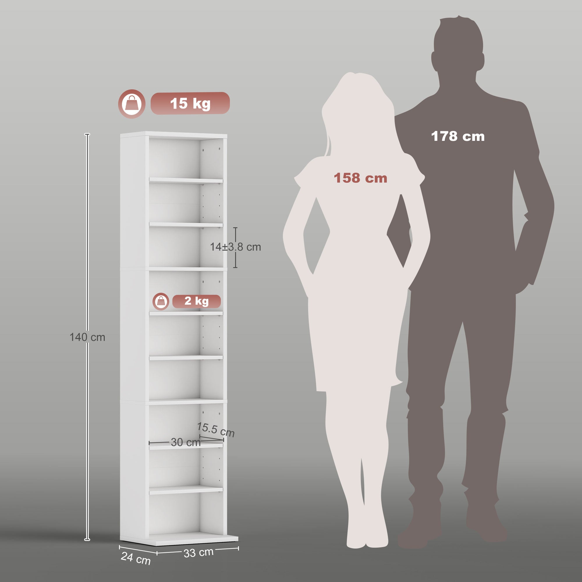 Libreria Scaffale Porta CD 33x24x140 cm con 6 Ripiani Regolabili Capacità di 260 CD/120 DVD Bianco