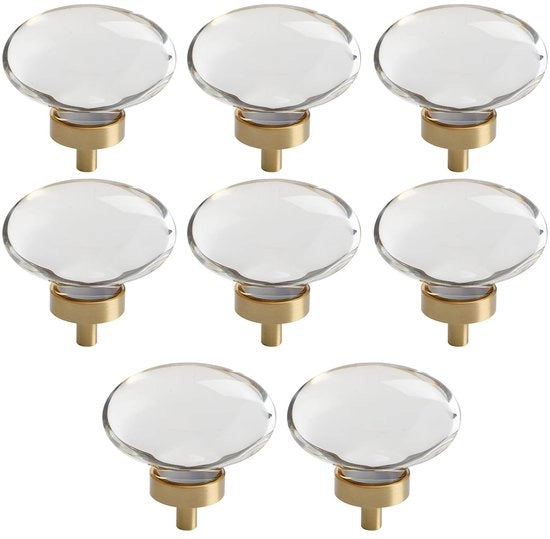 Maniglie per mobili 8 pezzi - Pomo in cristallo artigianale rotondo - Maniglie in vetro per porte - Base a ghiera a zinco - Luccichio metallico - Utilizzo duraturo