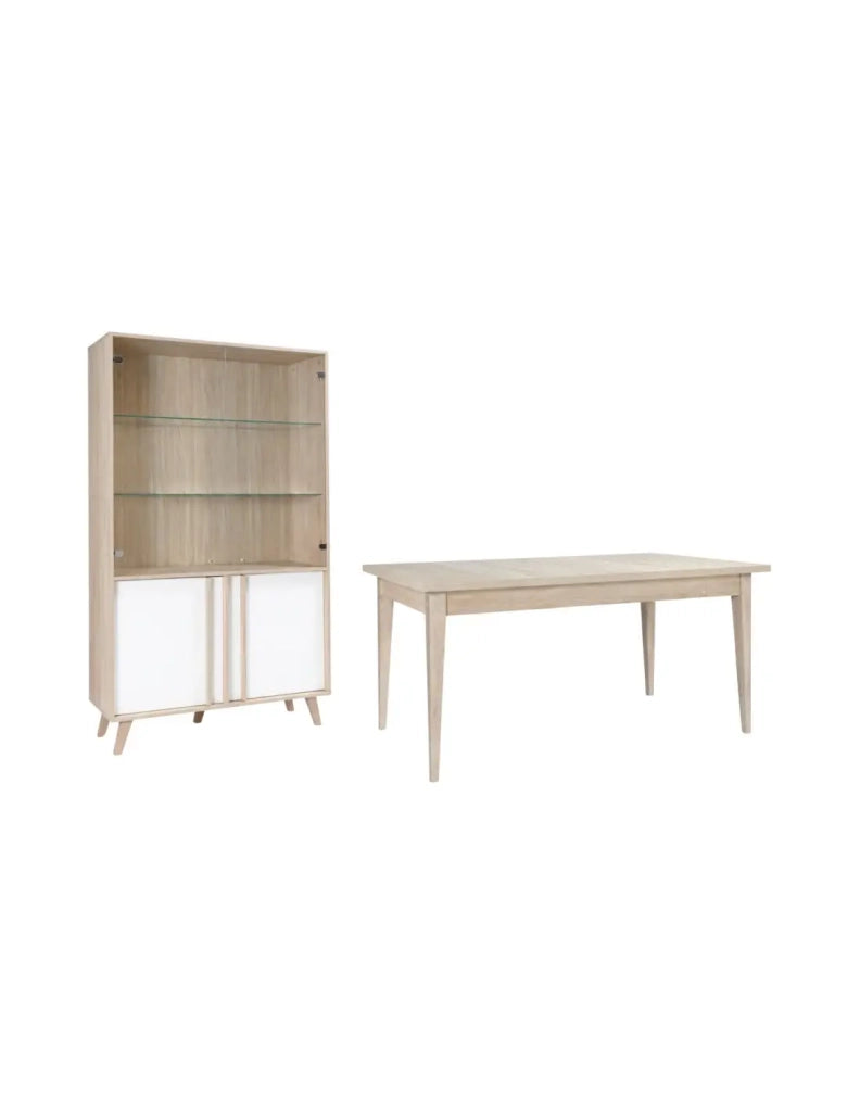 Sala da pranzo completa MALMO con tavolo 160 cm e vetrina LED – Rovere chiaro e bianco – Stile scandinavo