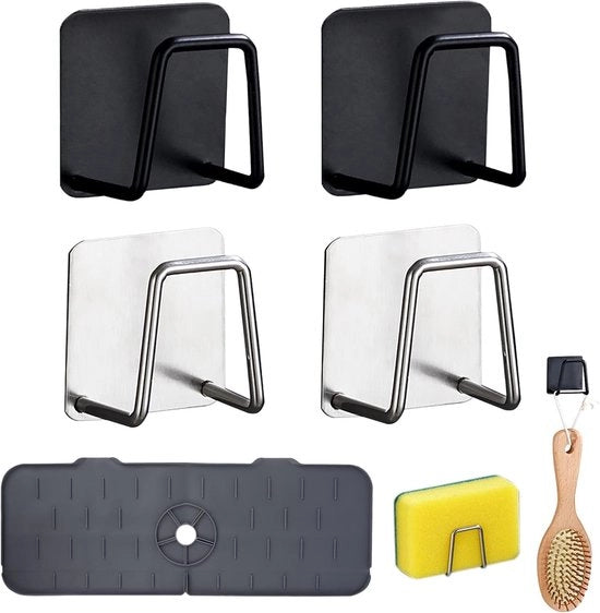 Supporto per Spatola da Cucina 4-in-1 con Fuga e Protezione da Spatola - Nero e Argento - Per Rubinetto e Lavello - Accessori Cucina