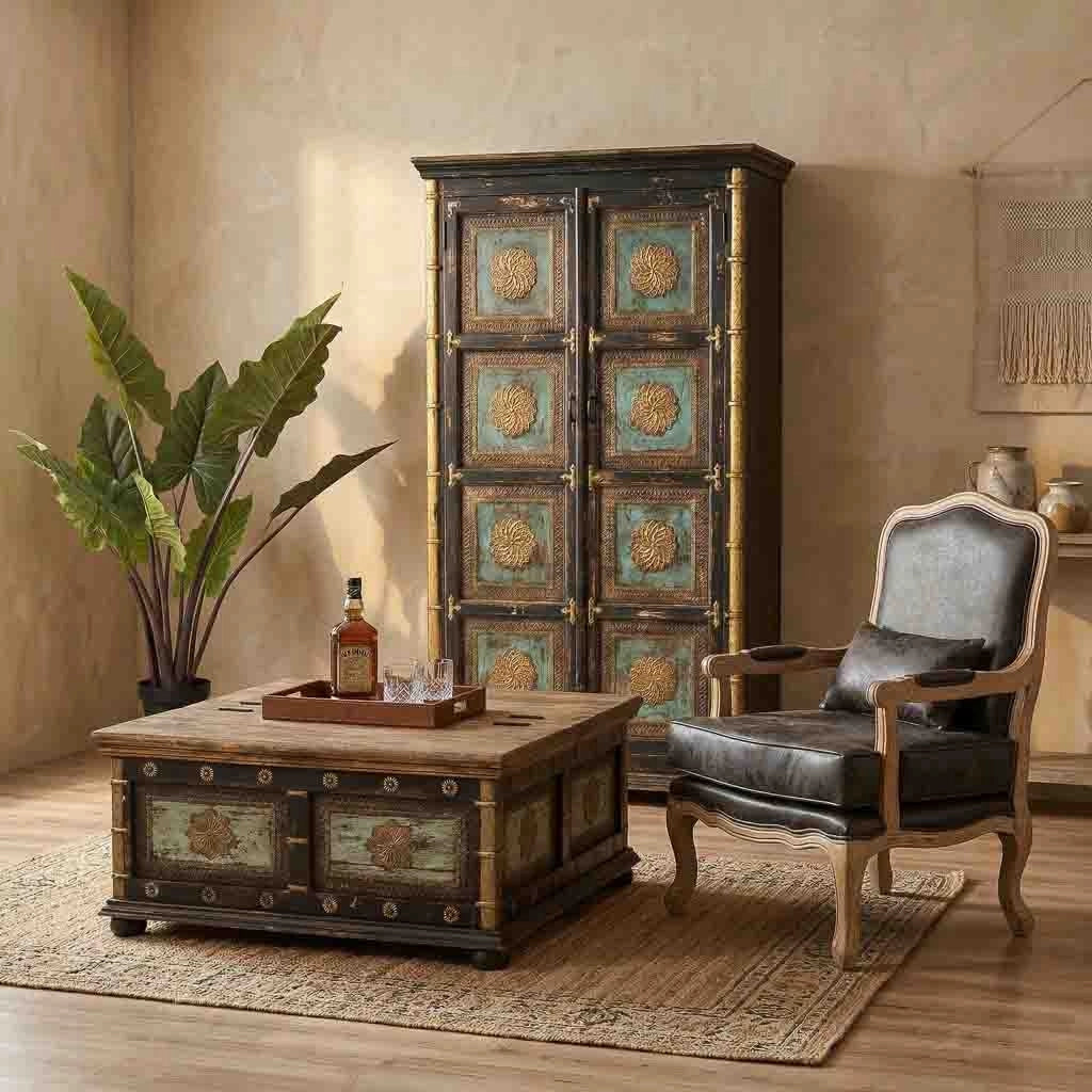 Tavolino artigianale in legno nero 100x100x47h cm
