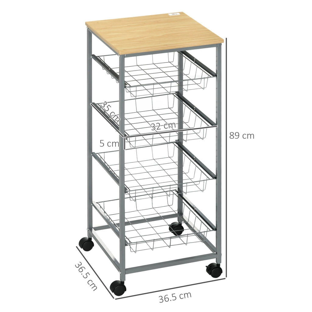 EasyComfort Carrello da Cucina Salvaspazio con 4 Cesti Estraibili in Legno e Acciaio, 36.5x36.5x89 cm, Argento e color Legno