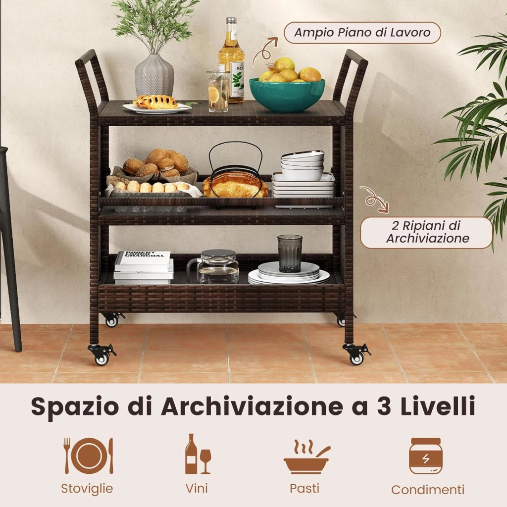 Carrello da Bar da Esterno, Mensola di Stoccaggio in Vimini con 3 Livelli Ruote e Maniglie Laterali, Tavolino da Servizio per Giardino Bordo Piscina Veranda, 86 x 50 x 89 cm