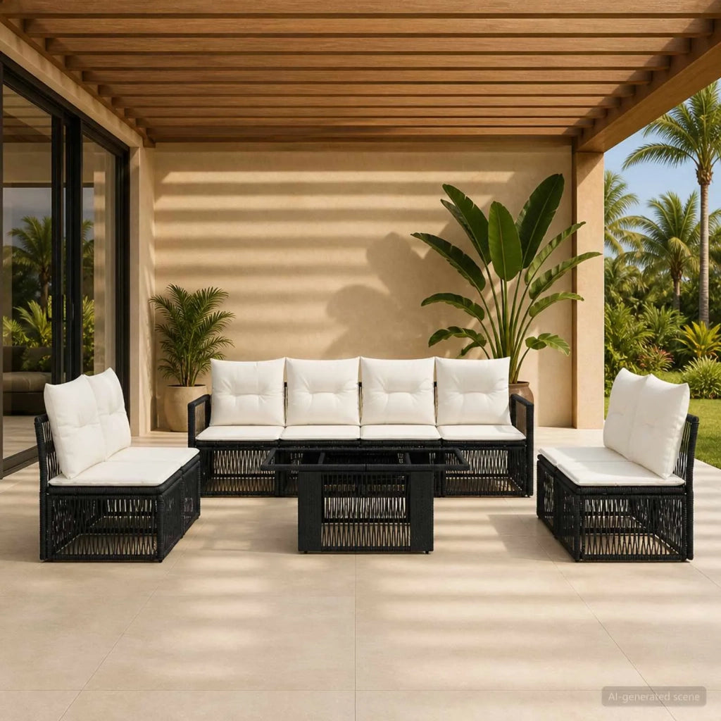 Set Divano da Giardino 9 pz Nero e Bianco Crema polyrattan 3437083
