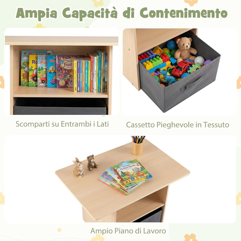 Set di Tavolo e 2 Sedie per Bambini 3+ Anni, Tavolo e 2 Sedie in Legno con Scomparti Doppio Lato e Cassetto Pieghevole in Tessuto, Ideale per Leggere, Giocare per Cameretta Bambini (Verde)