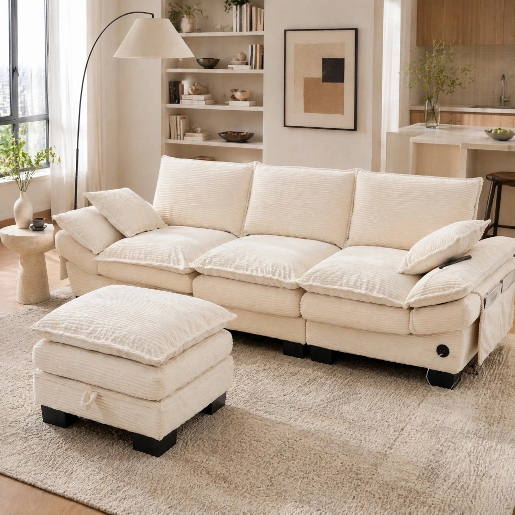 DIVANO Modulare 3 posti con pouf 260x132x84 cm Corduroy Beige
