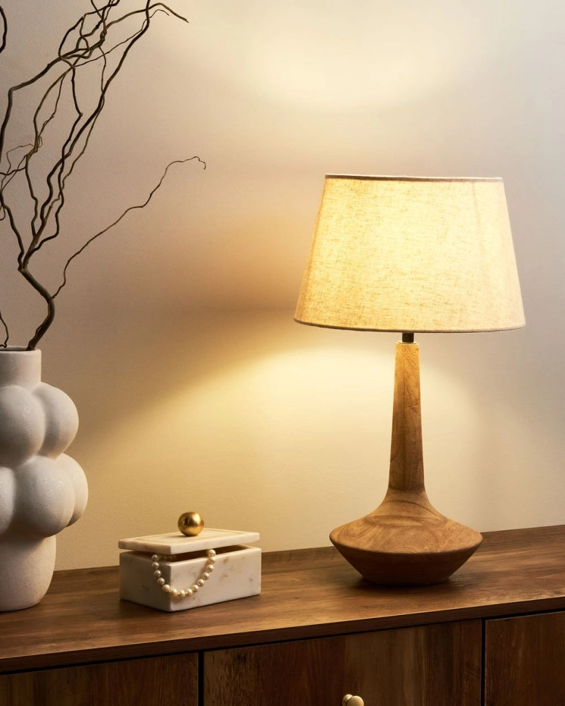 Lampada da tavolo marrone scuro e beige paralume in lino e cotone base in legno di mango 54 cm luce singola design moderno