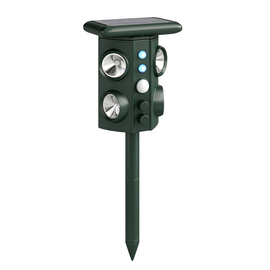 Repellente Solare Ultrasonico per Gatti 16x10x43 cm con 5 Modalità Sensore PIR e Flash LED in ABS e PP Verde